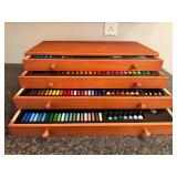 Wooden Art Supply Chest with Pastels, Pencils, Markers, and Brushes