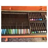 Wooden Art Supply Chest with Pastels, Pencils, Markers, and Brushes