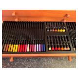 Wooden Art Supply Chest with Pastels, Pencils, Markers, and Brushes