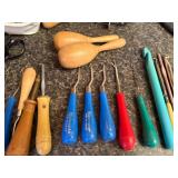 Large Lot of Vintage Rug Hooking and Craft Tools Spinners Crochet Scissors