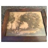 Framed Antique Sepia Tone Photograph of Dancing Figures in Forest Scene