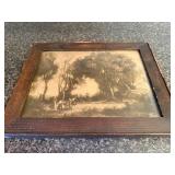 Framed Antique Sepia Tone Photograph of Dancing Figures in Forest Scene