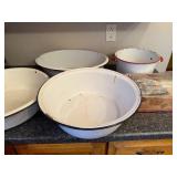 Set of 4 Vintage White Enamel Wash Basins and Red Trim Utility Pot with Mirro Food Chopper