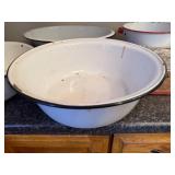 Set of 4 Vintage White Enamel Wash Basins and Red Trim Utility Pot with Mirro Food Chopper