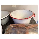 Set of 4 Vintage White Enamel Wash Basins and Red Trim Utility Pot with Mirro Food Chopper