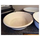 Set of 4 Vintage White Enamel Wash Basins and Red Trim Utility Pot with Mirro Food Chopper