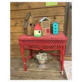 Red Wicker Side Table with 4 Decorative Birdhouses and Bug Hotel