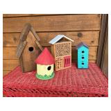 Red Wicker Side Table with 4 Decorative Birdhouses and Bug Hotel