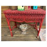 Red Wicker Side Table with 4 Decorative Birdhouses and Bug Hotel