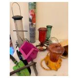 Collection of Bird Feeders, Garden Tools, Poultry Netting, and Outdoor Accessories