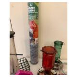 Collection of Bird Feeders, Garden Tools, Poultry Netting, and Outdoor Accessories