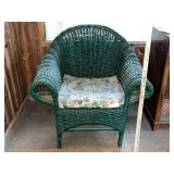 Green Wicker Armchair with Floral Cushion