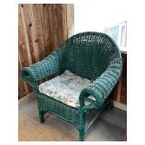Green Wicker Armchair with Floral Cushion