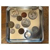 Assorted Vintage and Foreign Coins in Metal Holiday Tin
