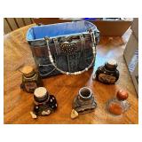 Denim Purse Basket with Beaded Handle and 5 Decorative Potion Jars
