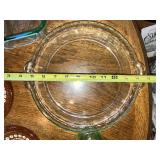 Vintage Glassware Collection Including Pink Depression Glass Plates and Green Bakeware