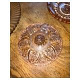 Vintage Glassware Collection Including Pink Depression Glass Plates and Green Bakeware