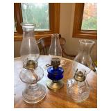 Set of 3 Vintage Glass Oil Lamps with Chimneys