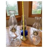 Set of 3 Vintage Glass Oil Lamps with Chimneys