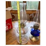 Set of 3 Vintage Glass Oil Lamps with Chimneys