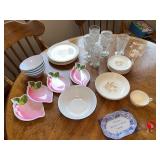 Mixed Vintage Tableware Set with Glass Goblets, Plates, Bowls, and Decorative Tray