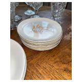 Mixed Vintage Tableware Set with Glass Goblets, Plates, Bowls, and Decorative Tray