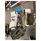 Archery Hunting and Outdoor Accessory Lot with Bag, Tree Seat, Arrow Stop Target, and Gear