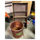 Vintage White Mountain Wooden Ice Cream Bucket and Rustic Wood Display Shelf