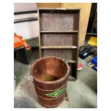 Vintage White Mountain Wooden Ice Cream Bucket and Rustic Wood Display Shelf
