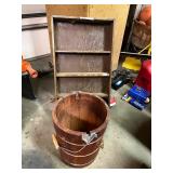 Vintage White Mountain Wooden Ice Cream Bucket and Rustic Wood Display Shelf