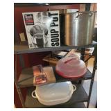 Kitchen Cookware and Utensil Collection Including Soup Pots, Roaster, and Thermometer Fork