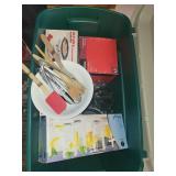 Large Storage Tote with Kitchenware, Glassware, Crock-Pot, and Utensils