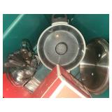 Large Storage Tote with Kitchenware, Glassware, Crock-Pot, and Utensils