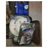 Party Supply Lot with Water Jug, Plastic Plates, Trays, Cups, and Bags