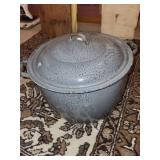 Vintage Gray Enamelware Stock Pot with Assorted Kitchen Utensils