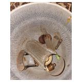 Vintage Gray Enamelware Stock Pot with Assorted Kitchen Utensils