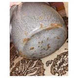 Vintage Gray Enamelware Stock Pot with Assorted Kitchen Utensils