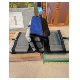 Quilting and Sewing Supply Lot with Wool Pressing Mat, Singer Quilting Table, Storage Cases and Thread Rack