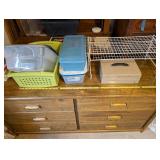 Assorted Storage Bins, Metal Cash Box, Wire Shelf and Kitchen Utensils Set