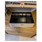 Assorted Storage Bins, Metal Cash Box, Wire Shelf and Kitchen Utensils Set