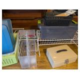 Assorted Storage Bins, Metal Cash Box, Wire Shelf and Kitchen Utensils Set
