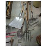 Group of Farm and Garden Tools Including Shovels and Pitchforks