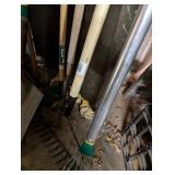 Collection of Garden and Yard Tools - Rakes, Shovel, Snow Shovel, and Brooms