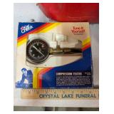 Automotive Tool Lot: Gas Can, Clean Funnel, Compression Tester, 12V Inflator