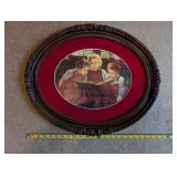 Antique Oval Framed Print of Children Reading with Ornate Floral Detail