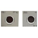 1818 Indian Head Cent in EF45 condition and 1882 Indian Head Cent in AG-3 to G4 condition.