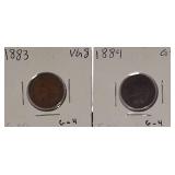 1883 Indian Head Cent in Very Good (VG8) condition and 1884 Indian Head Cent in Good (G4) condition.