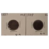 1887 Indian Head Cent in VG8 and G-4 condition, along with an 1888 Indian Head Cent also in VG8 and G-4 condition.