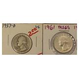 1937-D V & 1961 MSG5 Washington Silver  Quarters