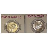 1962- D MS65 & 1964- D MS65 Washington Silver Quarters